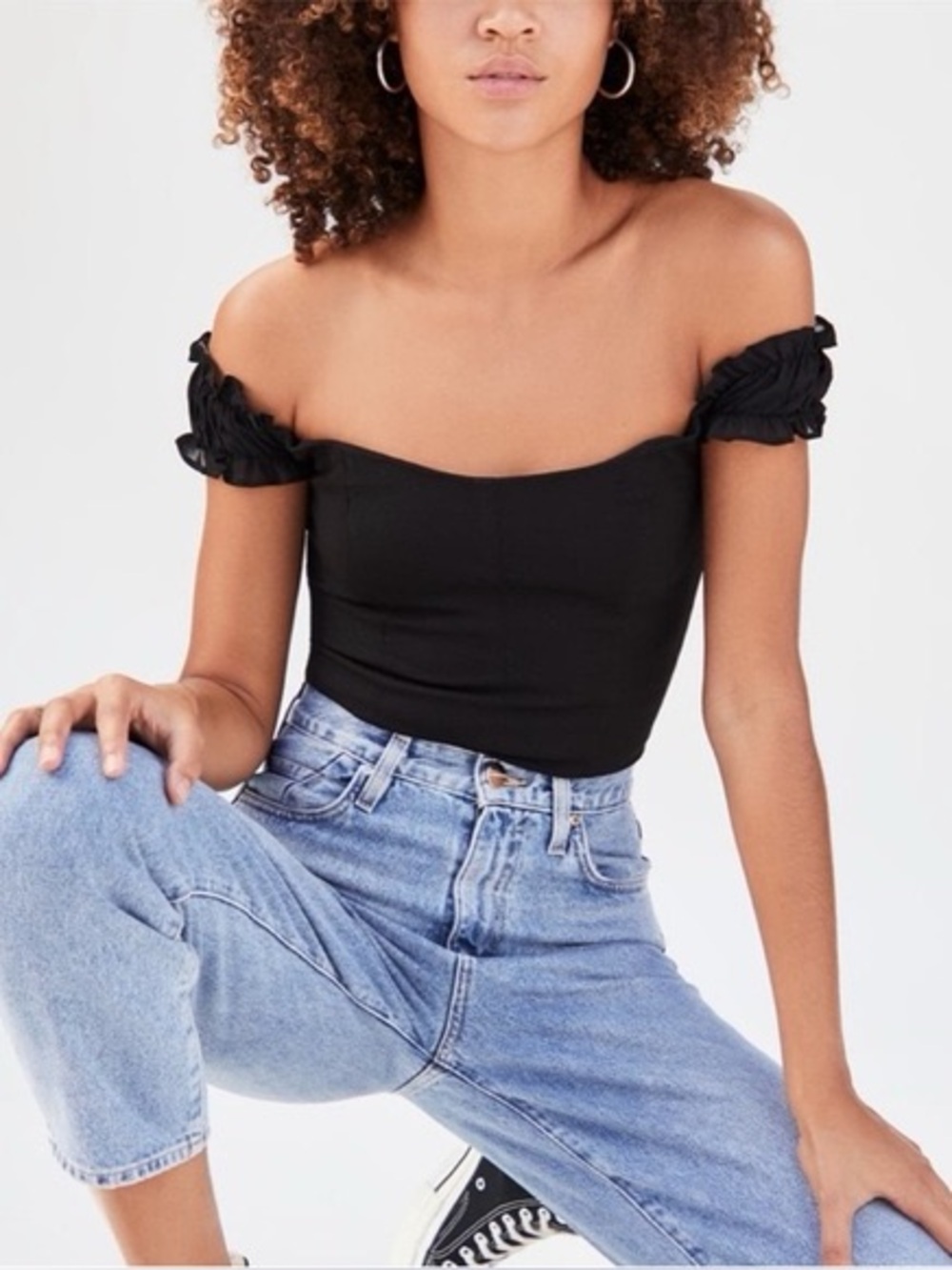 Reformation Granada Black Off-Shoulder Smocked Sleeve Crop Top